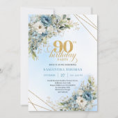 Invitation Elegant Dusty Blue Botanical 90th Birthday Invite (Devant)