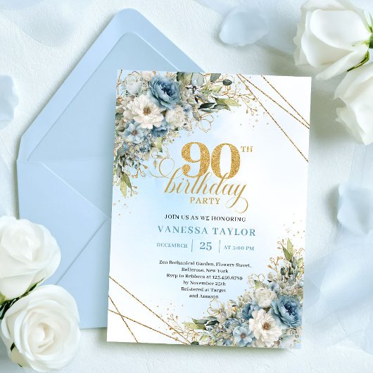 Invitation Elegant Dusty Blue Botanical 90th Birthday Invite