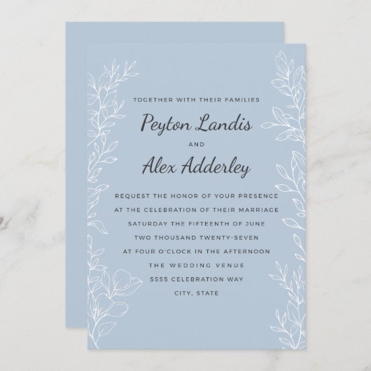 Invitation Elégant Dusty Blue Botanical Line Mariage d'art (Devant / Derrière)