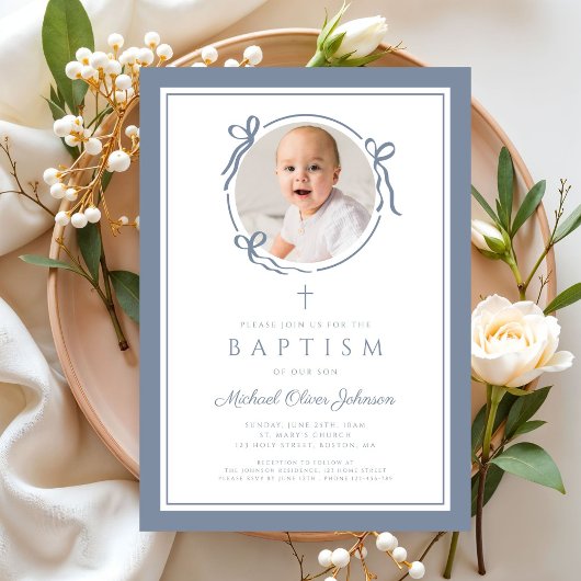 Invitation Elegant Dusty Blue Bow Boy Photo Baptism