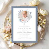 Invitation Elegant Dusty Blue Bow Boy Photo Baptism