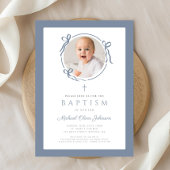 Invitation Elegant Dusty Blue Bow Photo Baptism