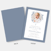 Invitation Elegant Dusty Blue Bow Photo Baptism