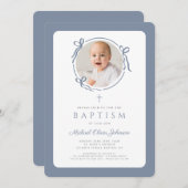 Invitation Elegant Dusty Blue Bow Photo Boy Baptism (Devant / Derrière)