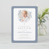 Invitation Elegant Dusty Blue Bow Photo Boy Baptism (Debout devant)