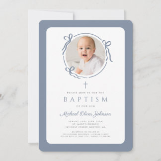 Invitation Elegant Dusty Blue Bow Photo Boy Baptism