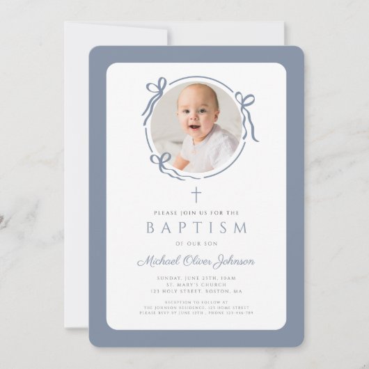 Invitation Elegant Dusty Blue Bow Photo Boy Baptism (Devant)