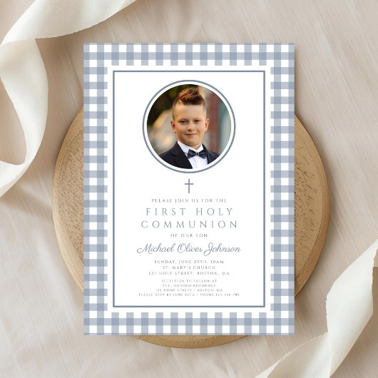 Invitation Elegant Dusty Blue Bow Photo Boy First Communion
