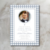 Invitation Elegant Dusty Blue Bow Photo Boy First Communion