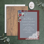 Invitation Élégant Dusty Blue Burgundy Mariage Script<br><div class="desc">Ooh, nous sommes si heureux avec cette élégante faire-part de mariage bordeaux bleu poussiéreux et rustique ! Ce n'était pas facile d'arriver avec un design bordeaux bleu roux rustique que nous nous sentions satisfait à nos exigences esthétiques, mais ensuite nous l'avons fait, et maintenant nous sommes amoureux ! Une partie...</div>