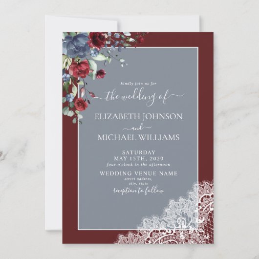 Invitation Élégant Dusty Blue Burgundy Mariage Script (Devant)
