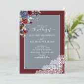 Invitation Élégant Dusty Blue Burgundy Mariage Script (Debout devant)