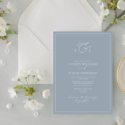 Invitation Élégant Dusty Blue Calligraphy Monogram Mariage