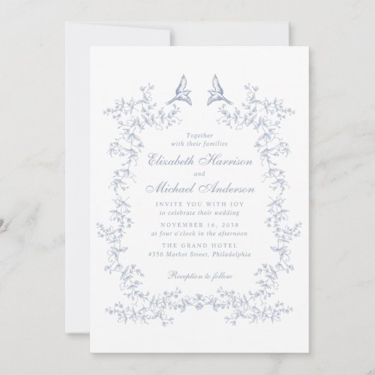 Invitation Elégant Dusty Blue Chinoiserie Mariage d'aquarelle (Devant)