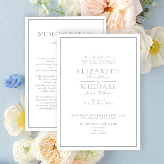 Invitation Elegant Dusty Blue Classic Script Details Wedding