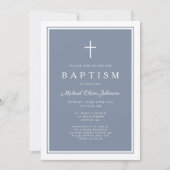 Invitation Elegant Dusty Blue Cross Baby Boy Baptism (Devant)