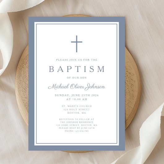 Invitation Elegant Dusty Blue Cross Baby Boy Baptism