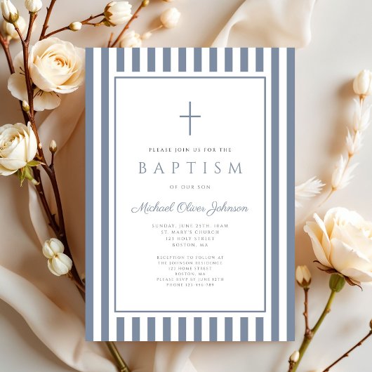 Invitation Elegant Dusty Blue Cross Boy Baptism