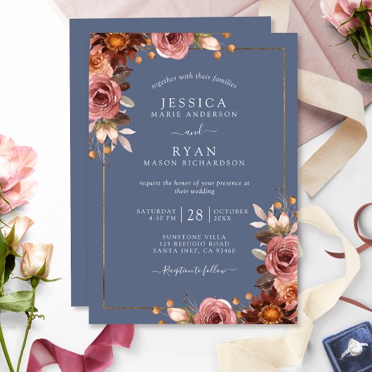 Invitation Elégant Dusty Blue et Dusty Rose Floral Mariage