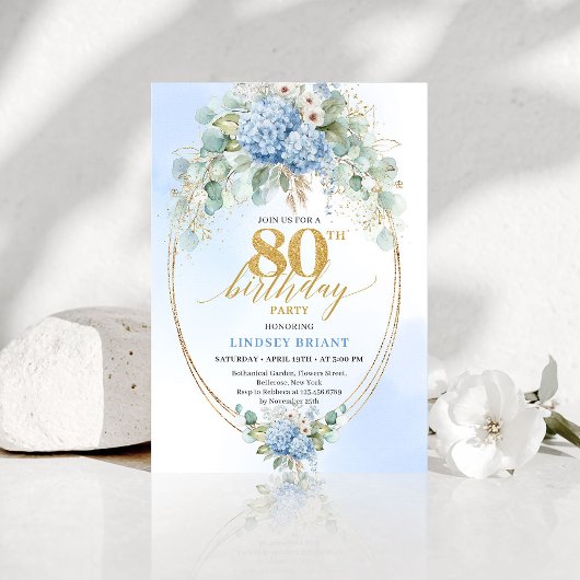 Invitation Elegant Dusty Blue Eucalyptus 80th Birthday Invite