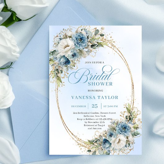 Invitation Elegant Dusty Blue Eucalyptus Gold Bridal Shower 