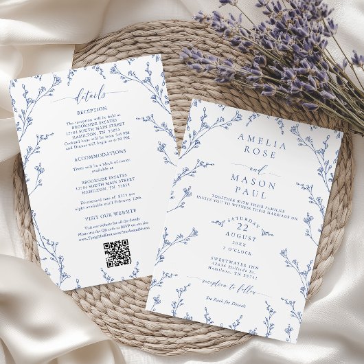 Invitation Elegant Dusty Blue Floral All-In-One Wedding