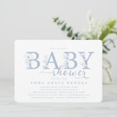 Invitation Elegant Dusty Blue Floral Baby Shower Typography (Debout devant)