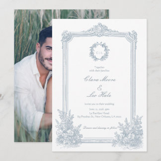 Invitation Elegant Dusty Blue Floral Border Wedding Photo