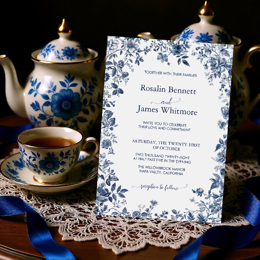 Invitation Elegant Dusty Blue Floral Chinoiserie Classic