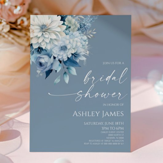 Invitation Elegant Dusty Blue Floral Flowers Bridal Shower
