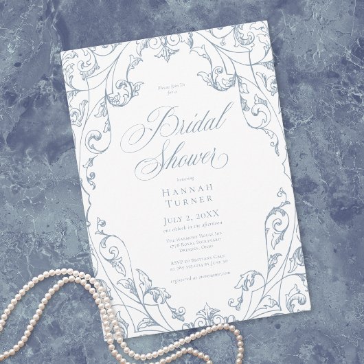 Invitation Elegant Dusty Blue Floral Frame Bridal Shower
