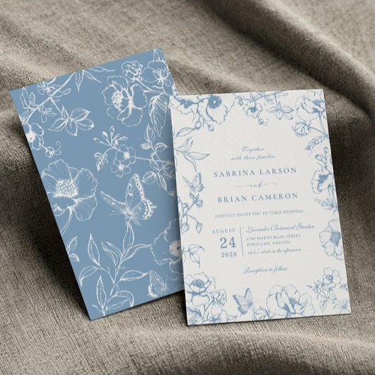 Invitation Elégant Dusty Blue Floral Garden Mariage