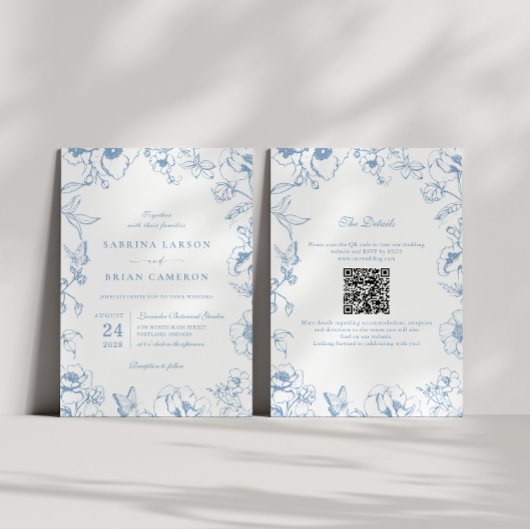 Invitation Elegant Dusty Blue Floral Garden QR Code Wedding