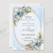 Invitation Elegant Dusty Blue Floral Gold Frame Wedding (Devant)