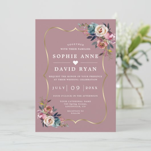 Invitation Elégant Dusty Blue Floral Misty Rose Mariage or (Debout devant)