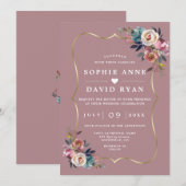 Invitation Elégant Dusty Blue Floral Misty Rose Mariage or (Devant / Derrière)