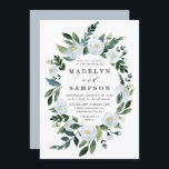 Invitation Elégant Dusty Blue Floral Rustic Garden Mariage<br><div class="desc">Les motifs présentent des éléments floraux d'aquarelle élégants dans des tons bleu poussiéreux, acier, brume et plus sur une couronne de verdure peinte. L'arrière est assorti d'une teinte bleu clair. Le fond est également orné d'un bouquet de fleurs assorties et d'eucalyptus. Affichez la collection sur cette page pour rechercher les...</div>