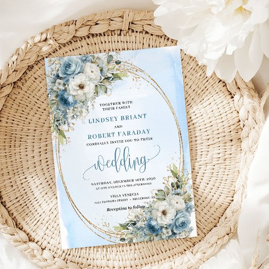 Invitation Elegant Dusty Blue Flowers Gold Wedding Invite