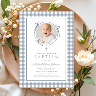 Invitation Elegant Dusty Blue Gingham Photo Girl Baptism