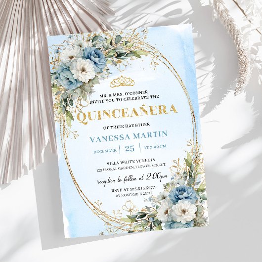 Invitation Elegant Dusty Blue Gold Greenery Quinceañera 