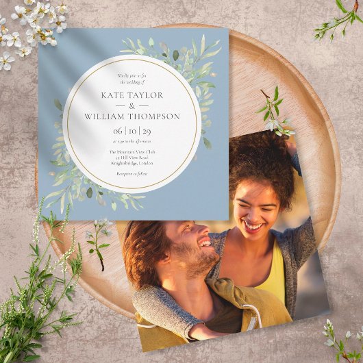 Invitation Elégant Dusty Blue Greenery Photo Carré Mariage