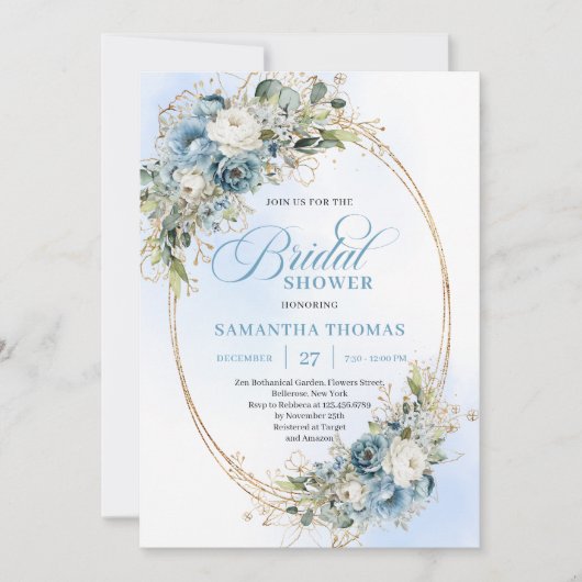 Invitation Elegant Dusty Blue Greenery Script Bridal Shower  (Devant)
