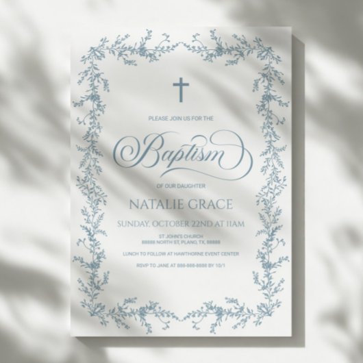 Invitation Elegant Dusty Blue Hand Drawn Floral Frame Baptism