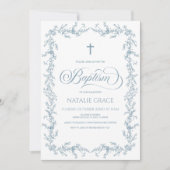 Invitation Elegant Dusty Blue Hand Drawn Floral Frame Baptism (Devant)
