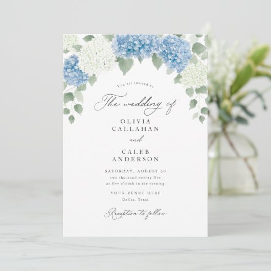 Invitation Elégant Dusty Blue Hydrangea Floral Mariage (Debout devant)