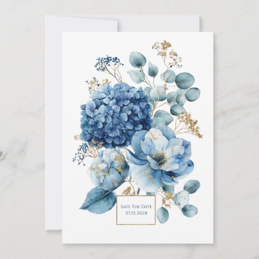 Invitation Elegant Dusty Blue Hydrangea Gold Glitter (Devant)