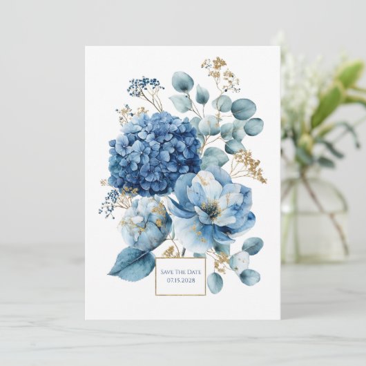 Invitation Elegant Dusty Blue Hydrangea Gold Glitter (Debout devant)