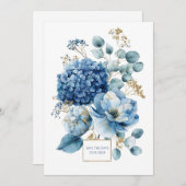 Invitation Elegant Dusty Blue Hydrangea Gold Glitter (Devant / Derrière)