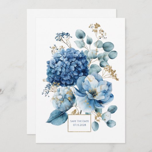 Invitation Elegant Dusty Blue Hydrangea Gold Glitter (Devant / Derrière)