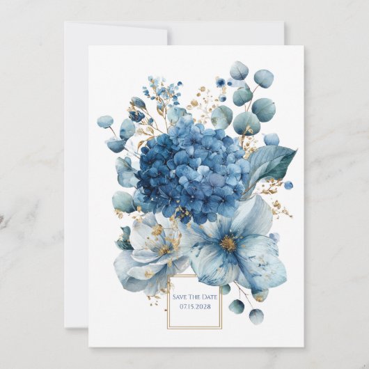 Invitation Elegant Dusty Blue Hydrangea Peony Gold Glitter (Devant)